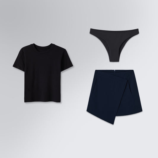 Conjunto All Day | Saia Mini Kyoto, Blusa Skin Cropped e Calcinha Brief