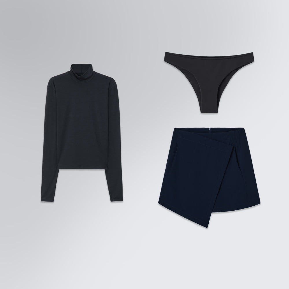 Conjunto All Day Seasons | Saia Mini Kyoto, Blusa Skin Cropped Manga Longa e Calcinha Brief